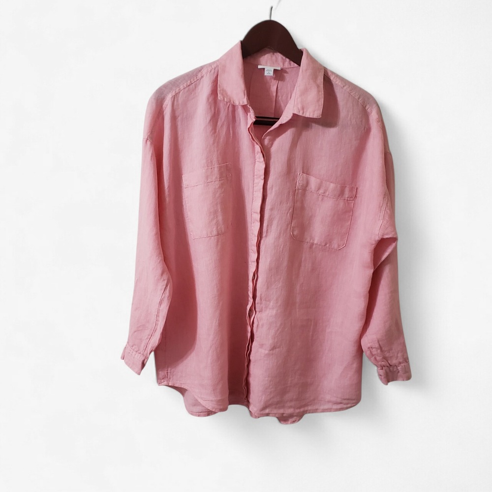 J. Jill Love Linen Pink Button Down Shirt Medium Petite Long Sleeve Pocket